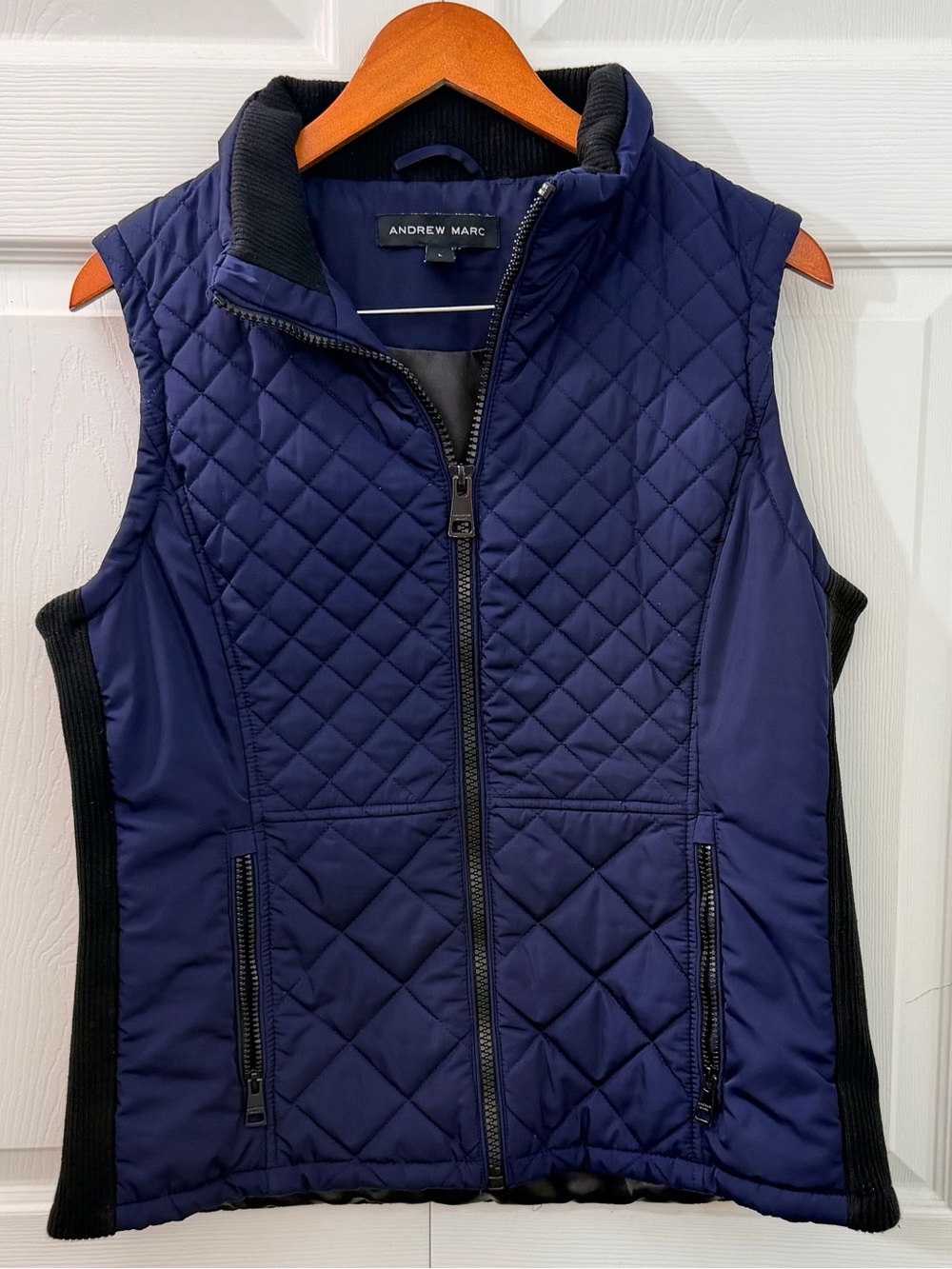 Andrew Marc Womens Large Navy Blue Quilted Puffer Vest Ribbed Side Panels